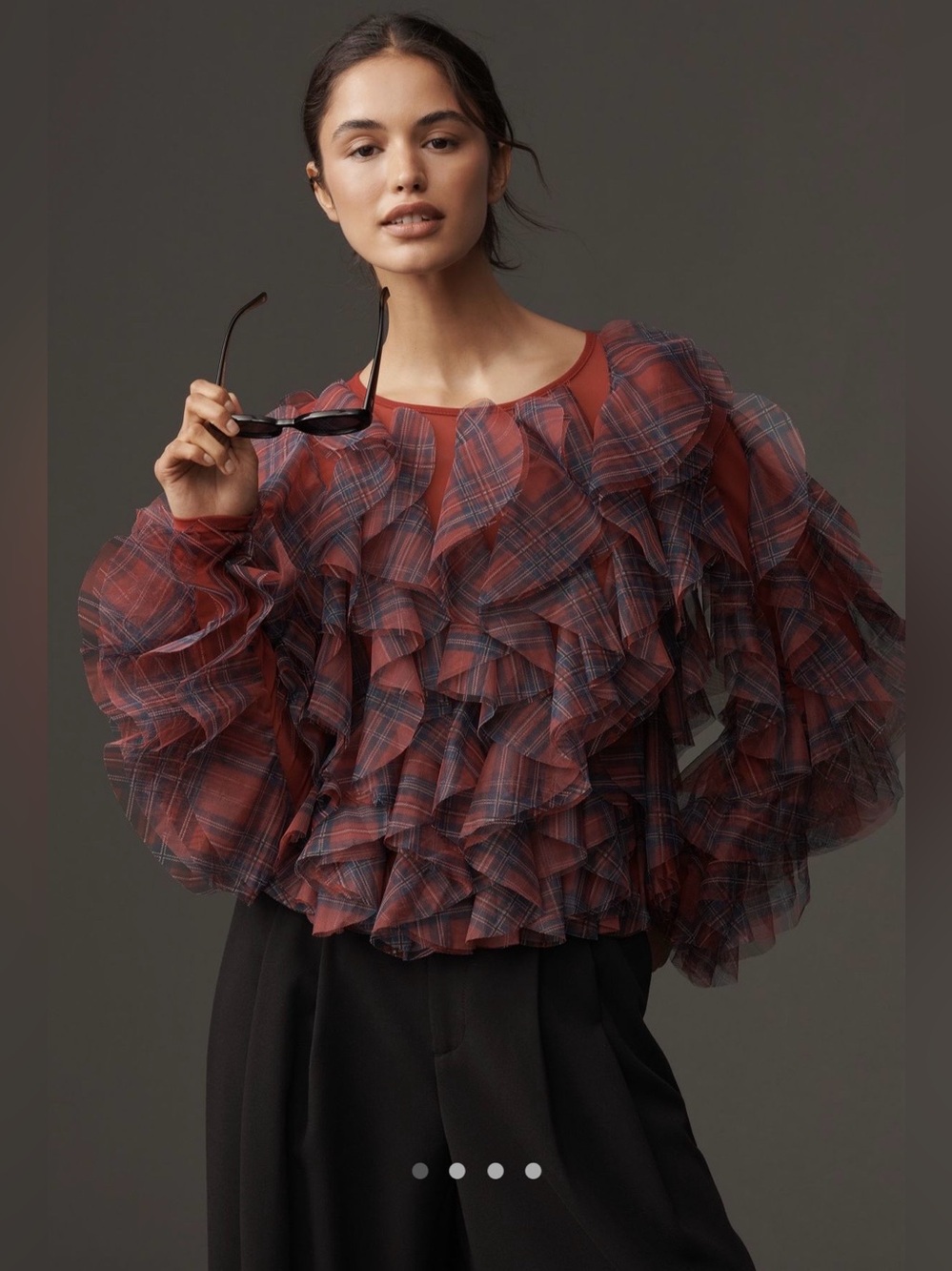 Dolan left coast ruffle plaid crew neck blouse - Picture 2 of 7